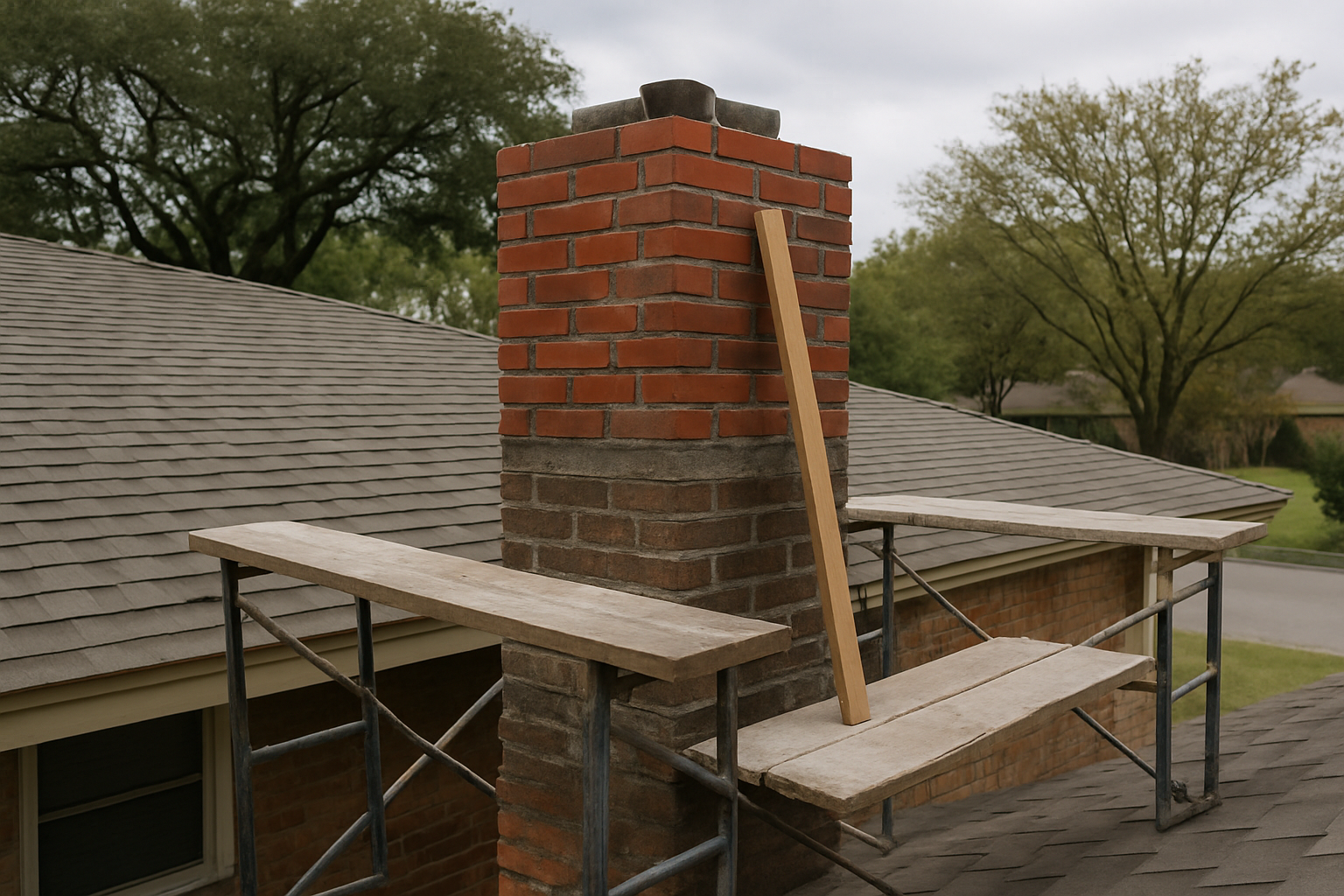 Shows active masonry reconstruction on a Texas ranch-style home, directly illustrating the full chimney rebuild service 