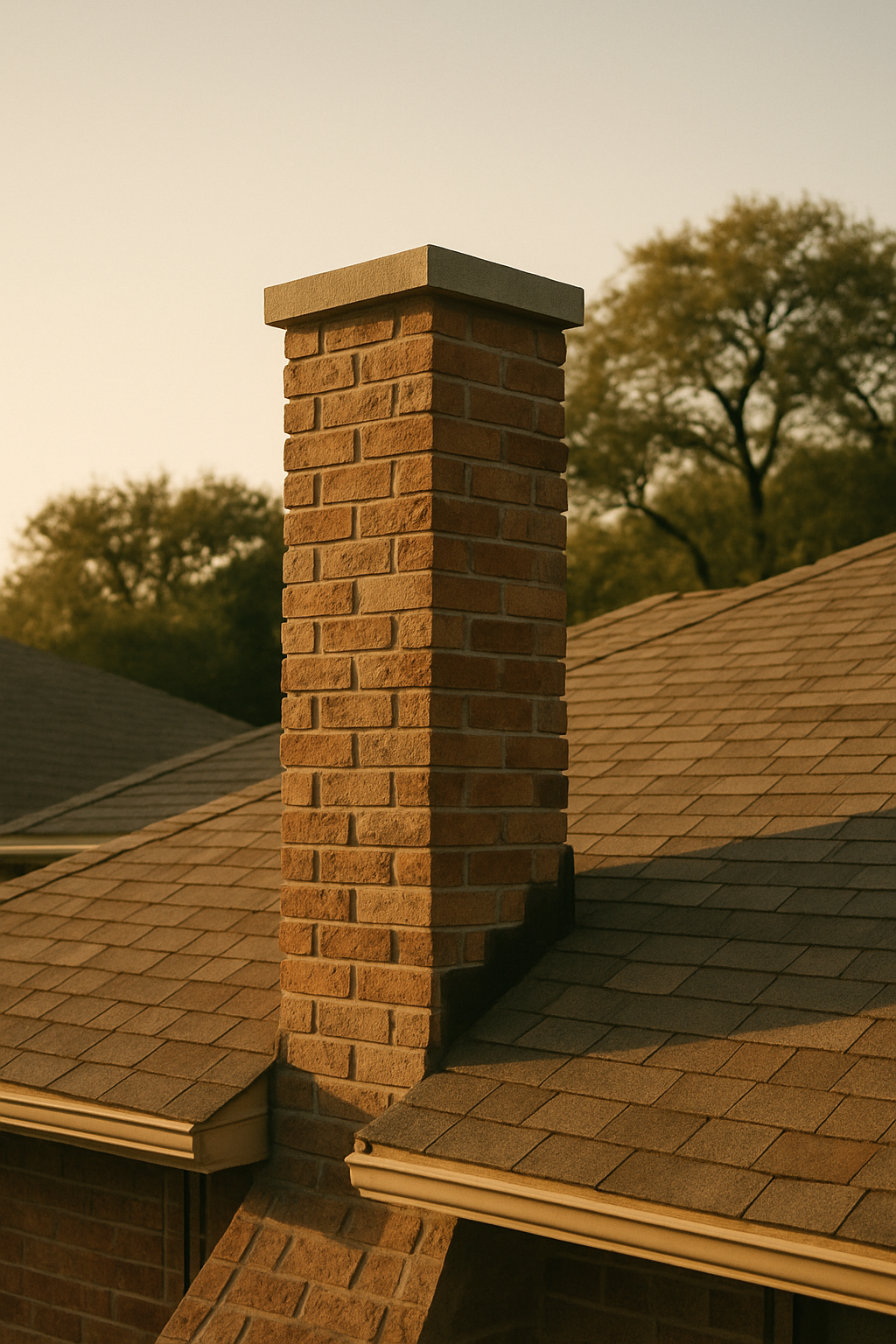 A close rooftop view of a Dallas-area brick chimney conveys professional inspection context without showing a technician