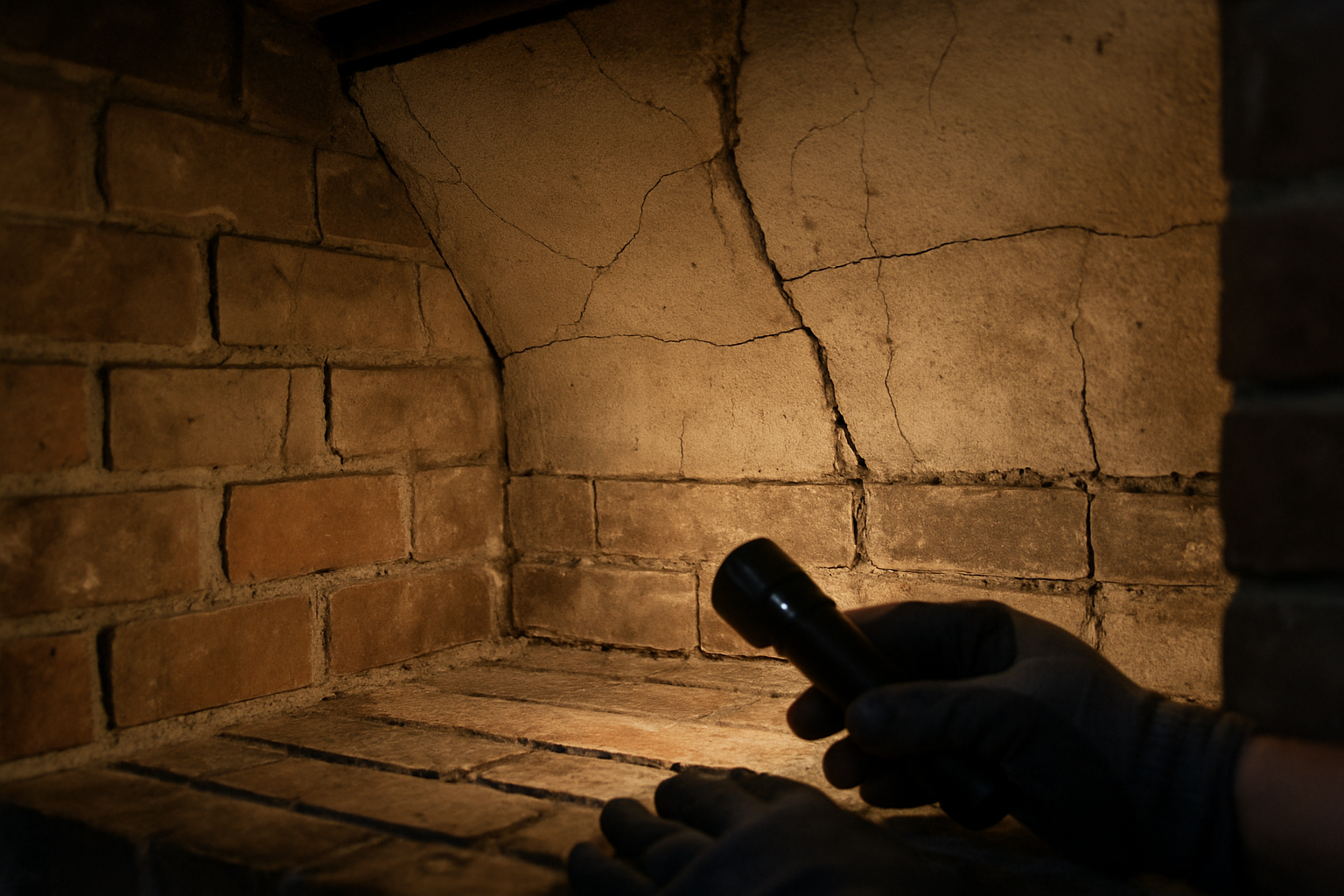 A hands-on inspection angle inside a damaged firebox directly illustrates the firebox repair service and grounds the sce