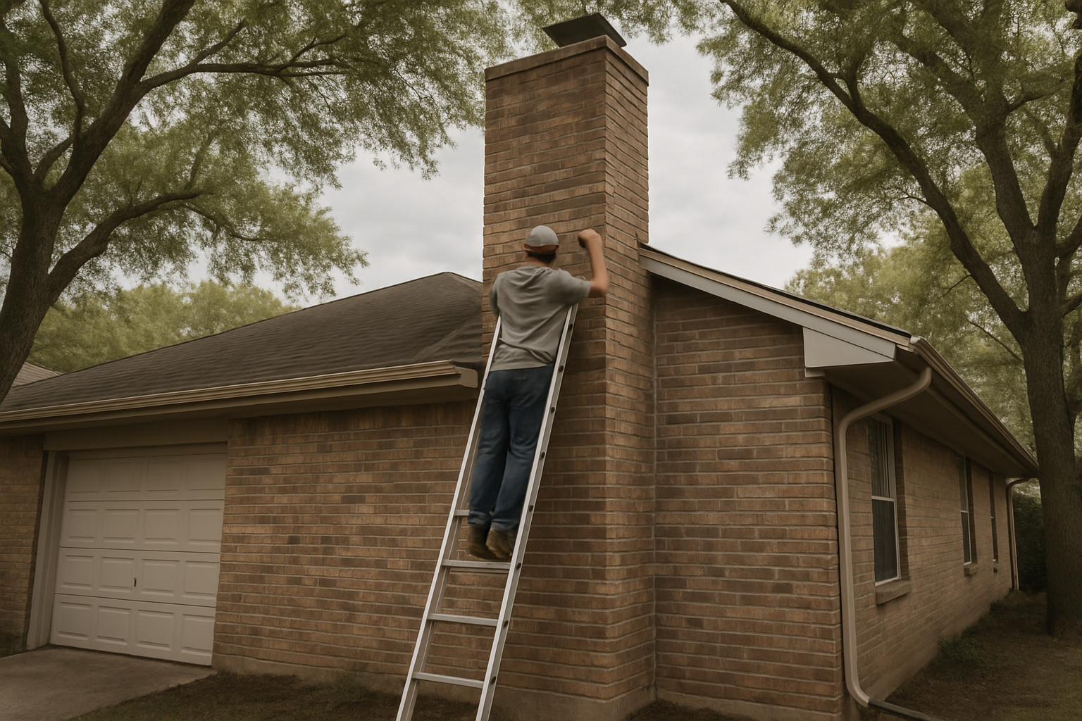 The exterior masonry chimney on a period-appropriate Mesquite home with a technician at work conveys regular local servi