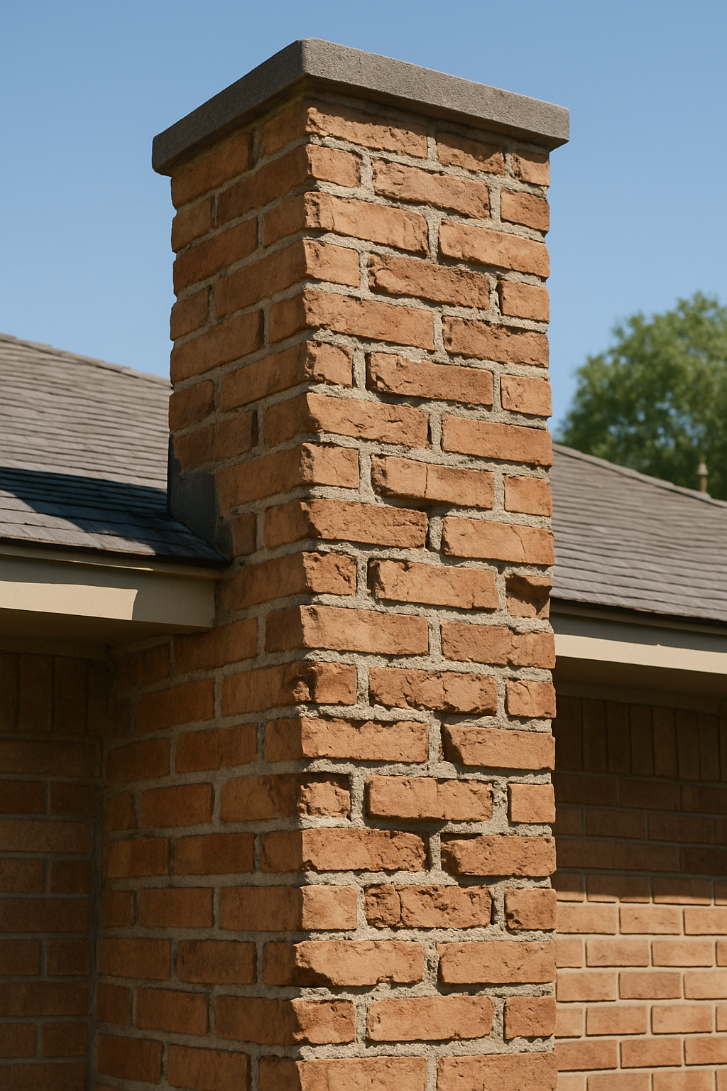 A tight portrait-oriented shot isolates the chimney damage detail that the surrounding copy describes  -  spalled brick 