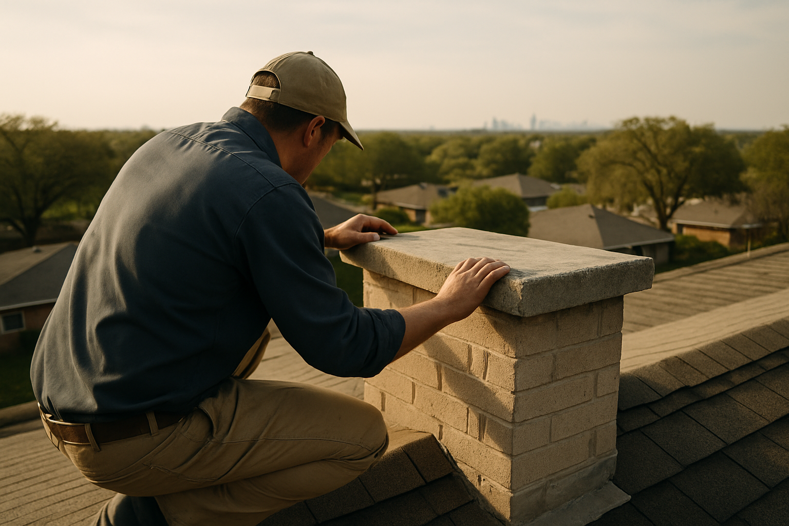 A rooftop inspection scene from behind the technician illustrates the hands-on chimney crown examination described in th