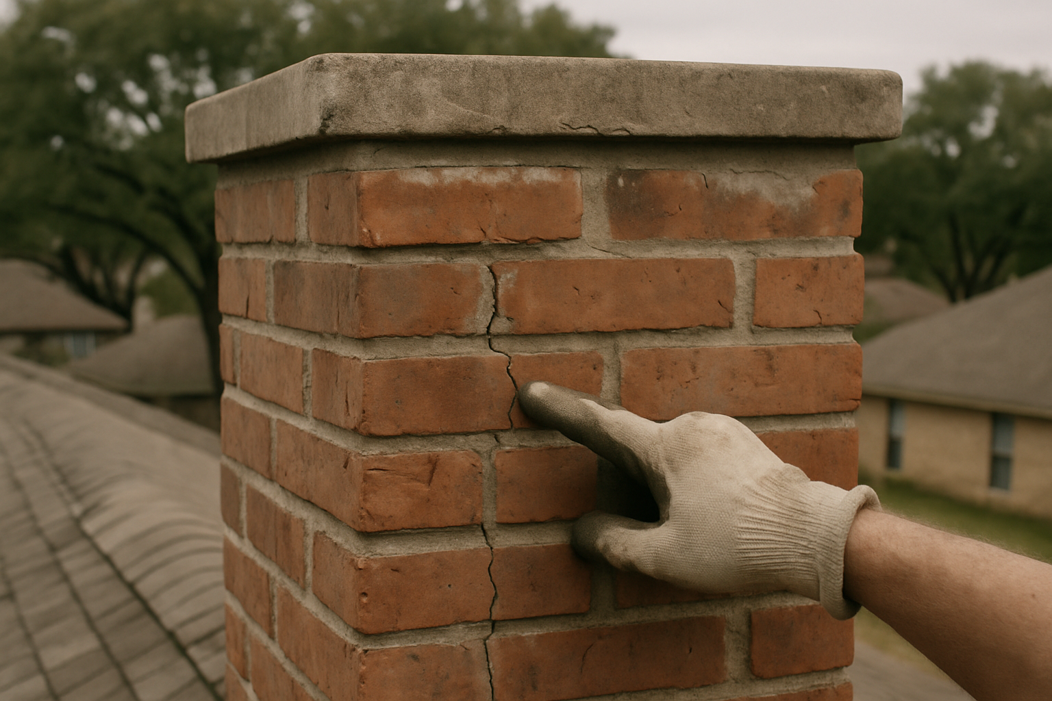 Deteriorated mortar joints and a cracked chimney crown on a Dallas brick chimney