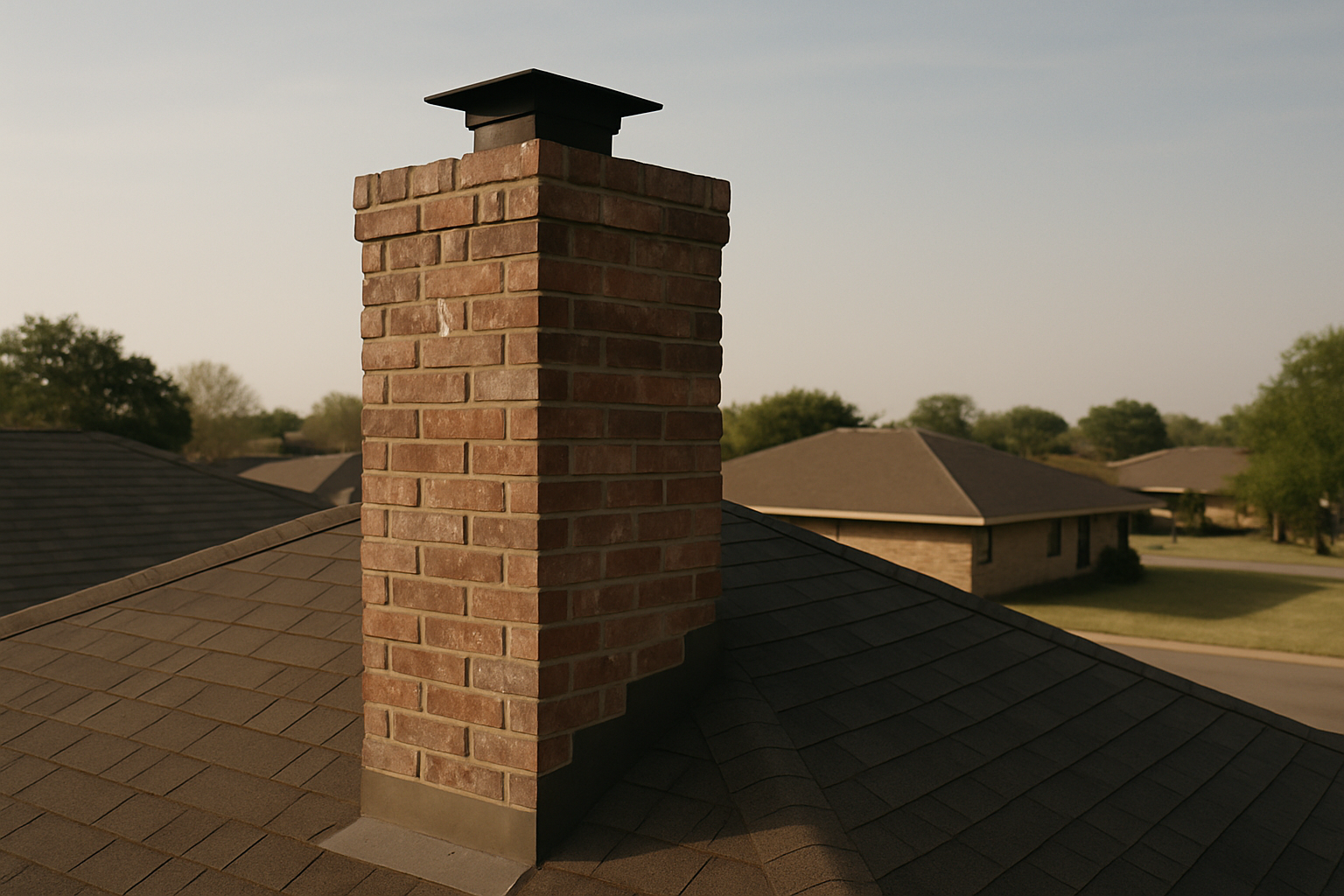 Establishes the page's core subject  -  a weathered brick chimney on a typical Arlington suburban home  -  grounding the