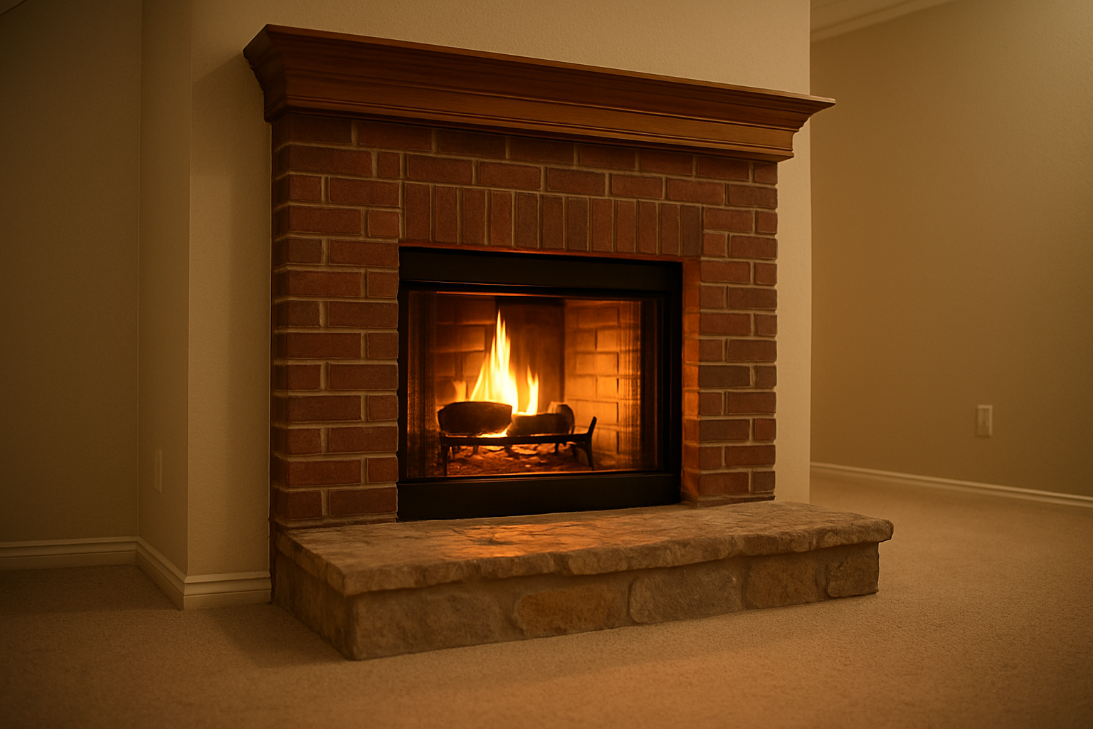 Shows the finished product  -  a brick-and-stone custom fireplace in a period-appropriate Irving-area home interior  -  