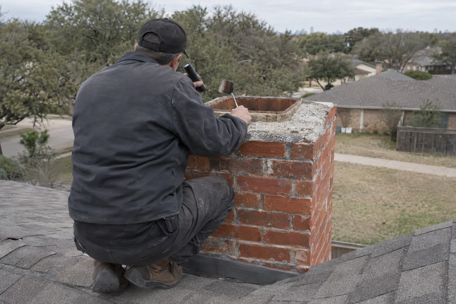 A chimney technician crouching on a suburban Dallas rooftop, back to camera, using a flashlight and mirror to inspect the open top of a red brick chimney after animal removal