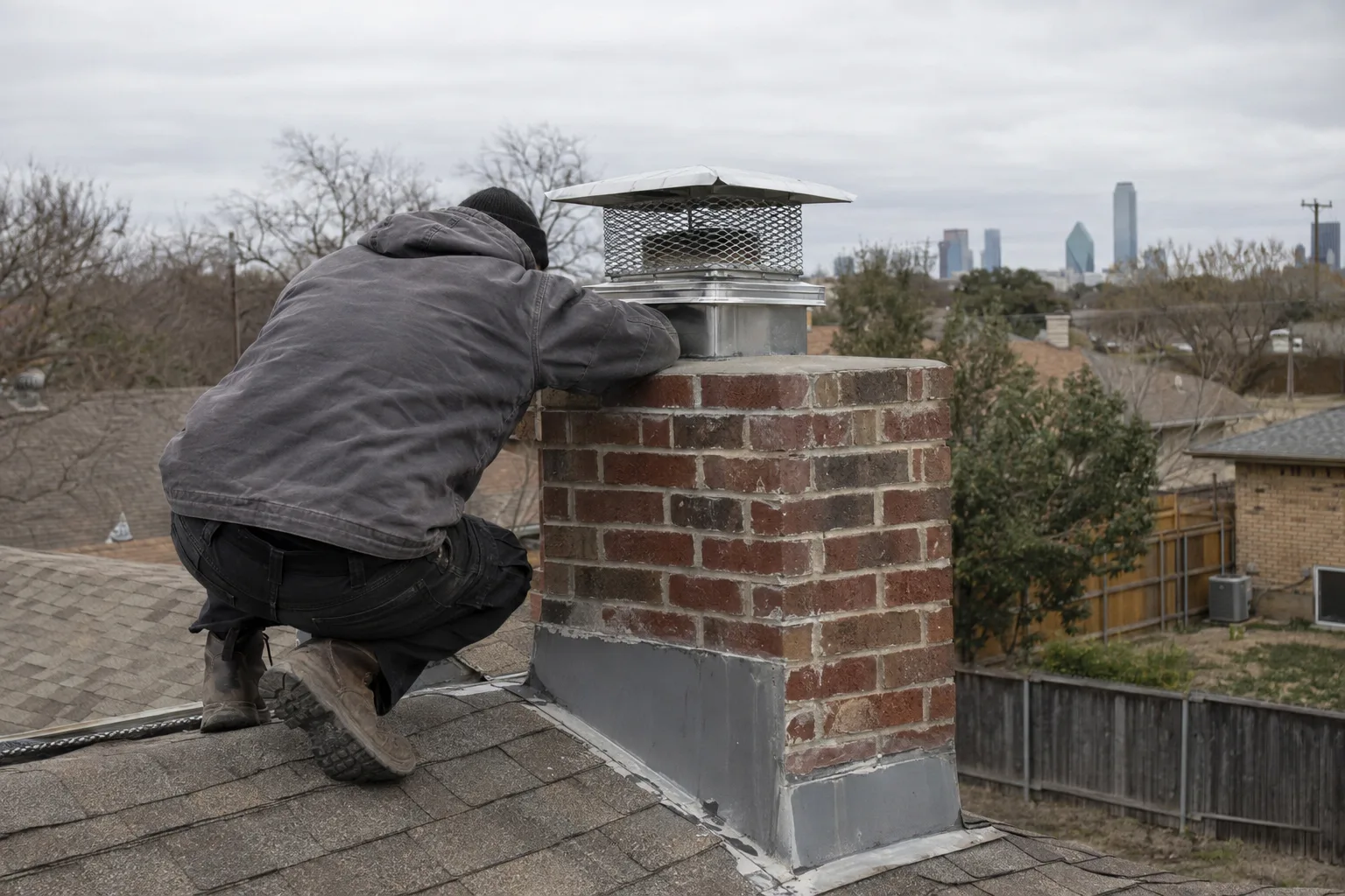 A worker crouching on a brick ranch home's roof in Dallas, viewed from behind, examining a stainless steel chimney cap mounted on top of a brick flue stack under soft overcast daylight