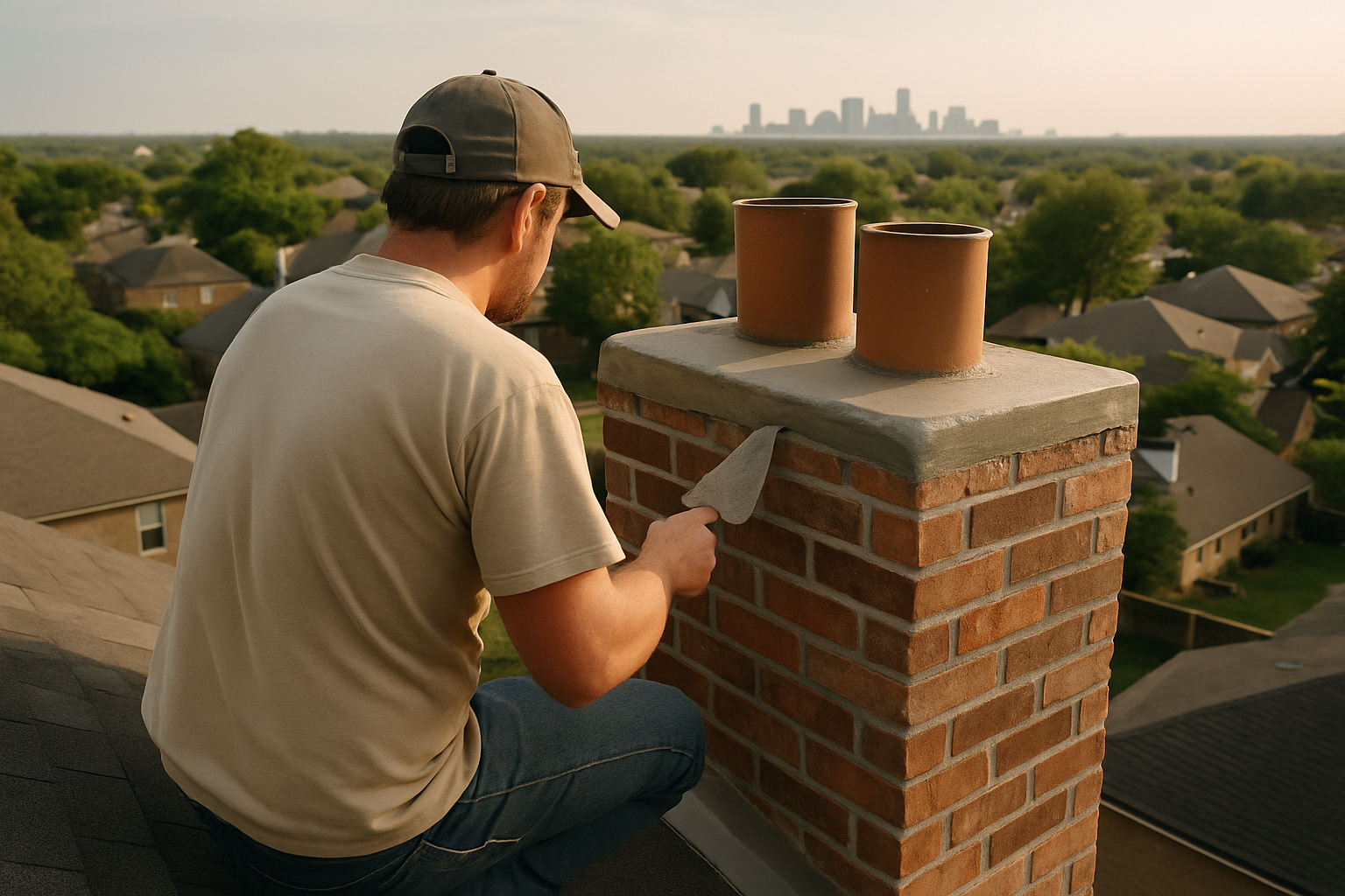 A distant, face-obscured technician completing crown work on a Dallas rooftop conveys professional full-service expertis