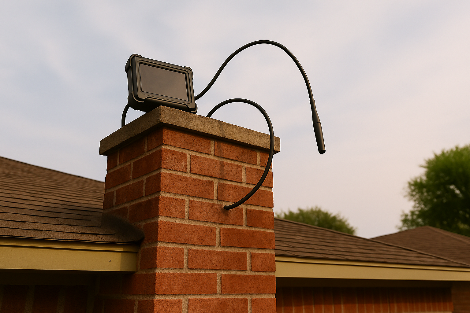 Establishes the core service  -  chimney inspection  -  with regional architecture and rooftop context matching the page
