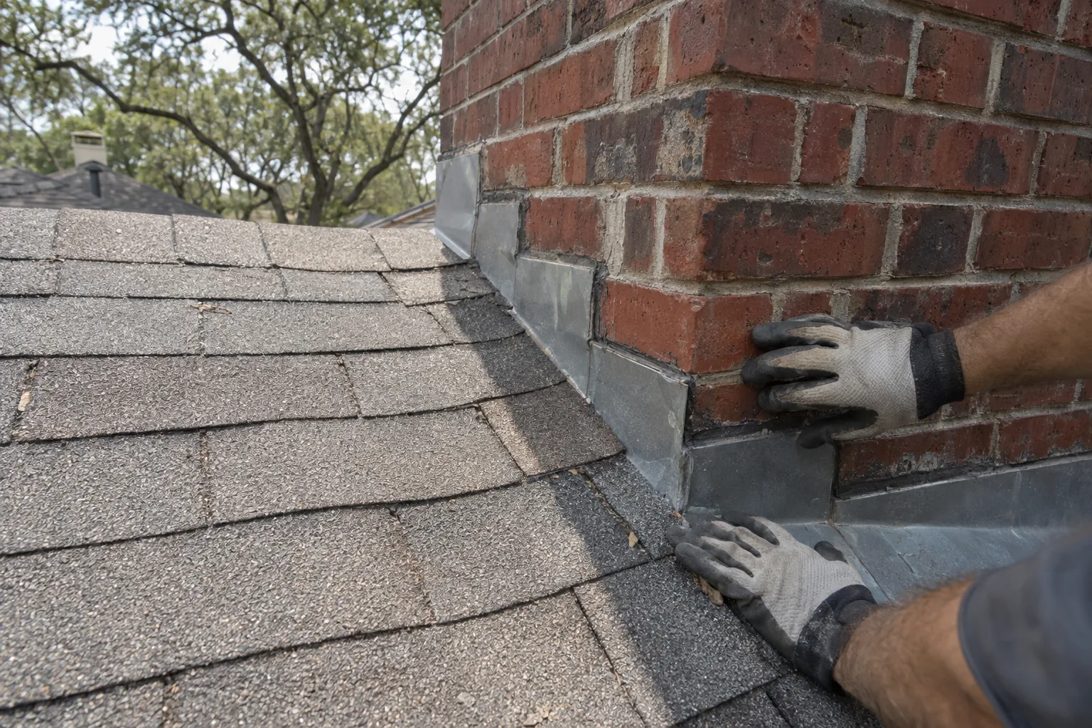 Gloved hands examining step flashing at the base of a red-brick chimney where it meets asphalt shingles on a Dallas residential rooftop, viewed from a low angle under bright Texas sunlight