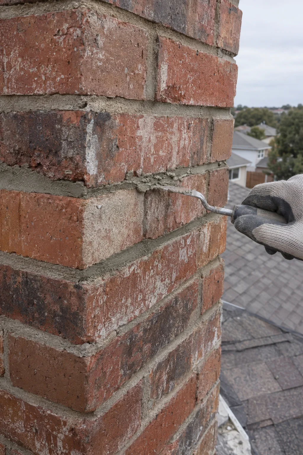 A gloved hand pressing fresh mortar into eroded horizontal joints between weathered red bricks on a chimney exterior using a narrow tuck-pointing trowel, photographed in close-up under soft overcast light