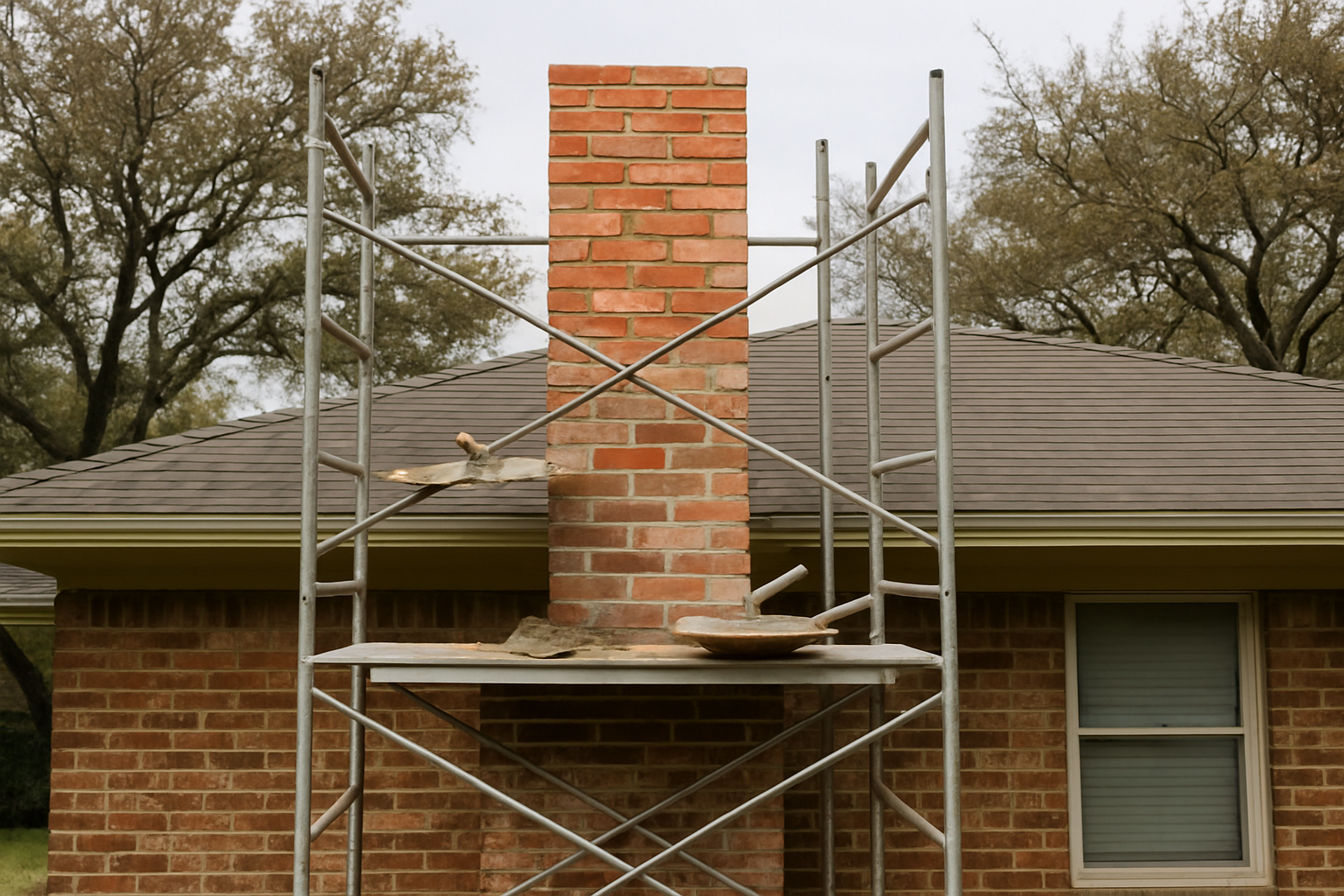 Shows an active chimney rebuild with visible scaffolding and fresh mortar, directly illustrating the page's core service