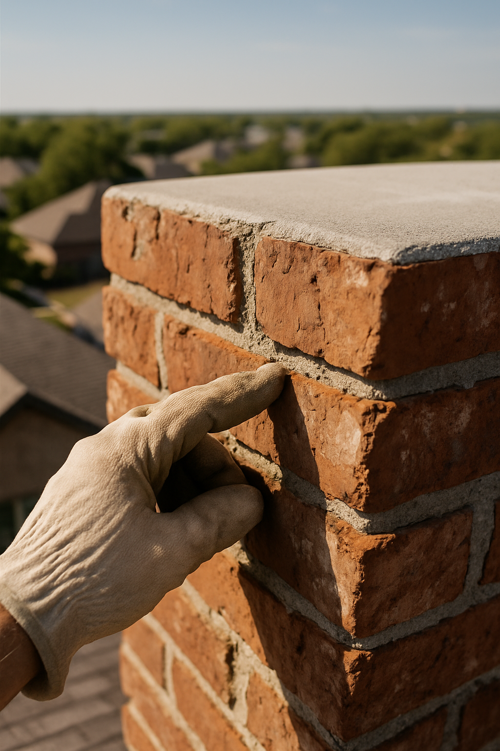 A hands-on inspection close-up communicates honest, expert assessment of chimney masonry without showing a recognisable 