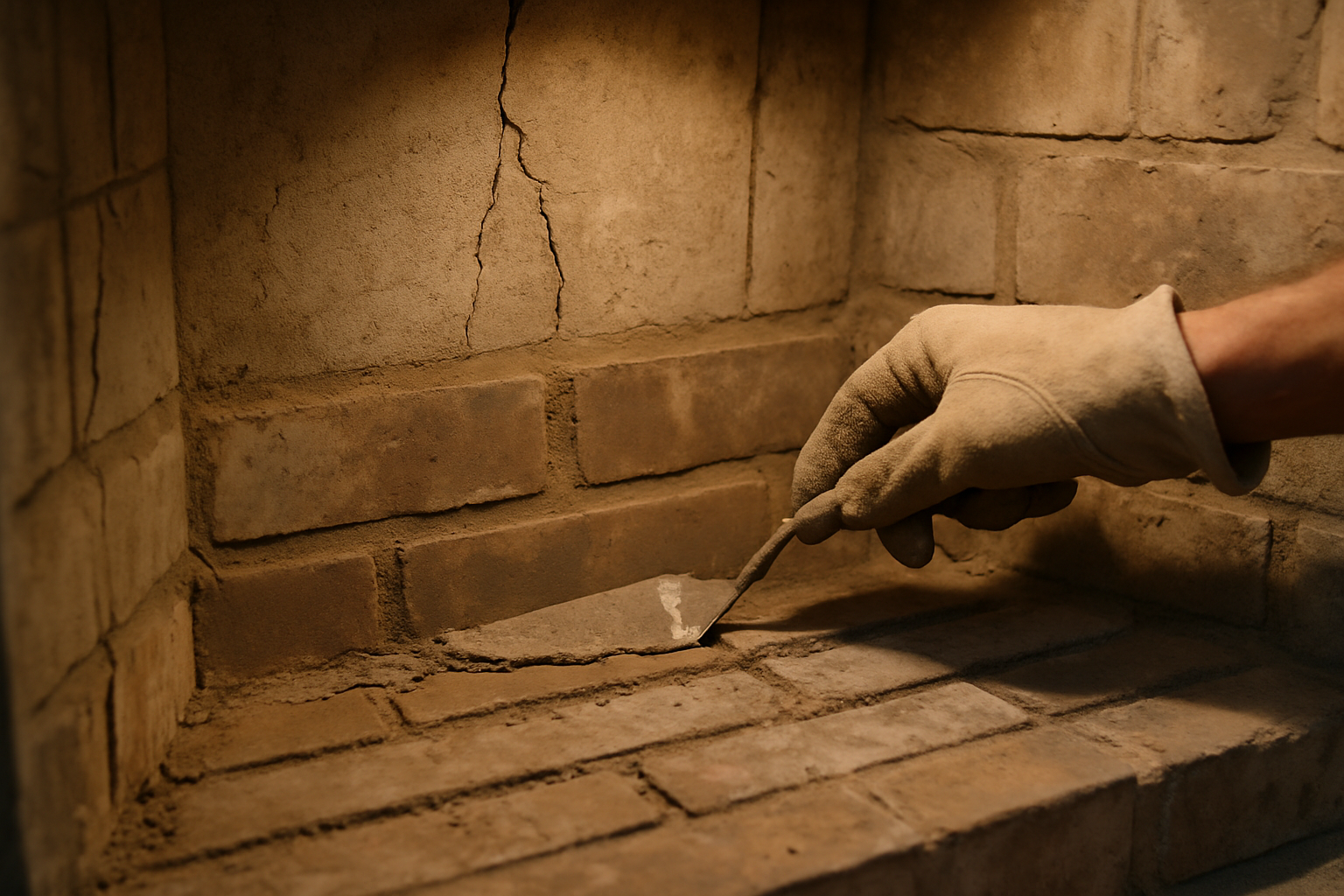 Shows the core service  -  hands-on firebox repair work on aged masonry  -  without depicting a face or identifiable loc