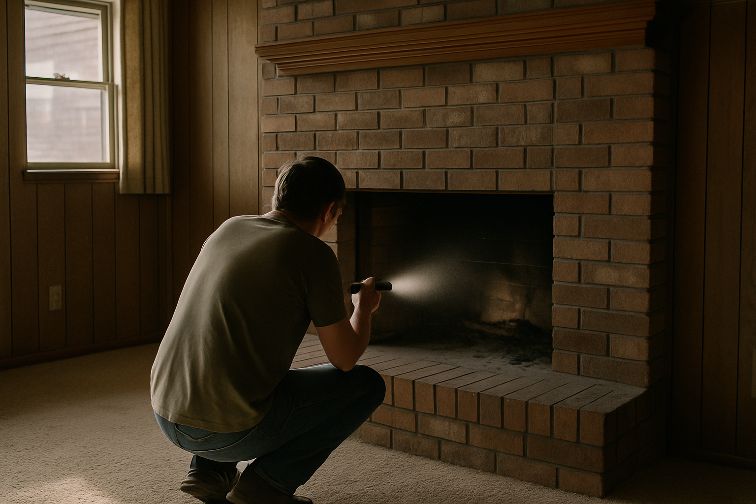 Depicts a chimney inspection scene inside a period-appropriate Richardson home, reinforcing the page's message about loc