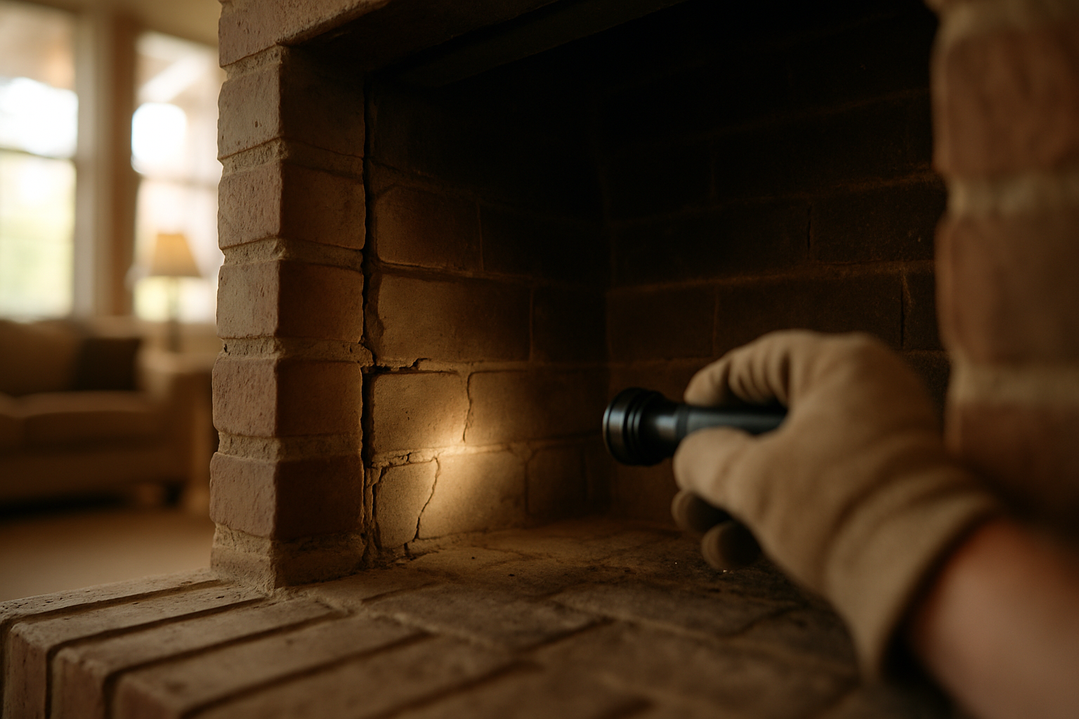 Grounds the hero section in the core service  -  hands-on fireplace inspection inside a Lewisville-area home  -  without