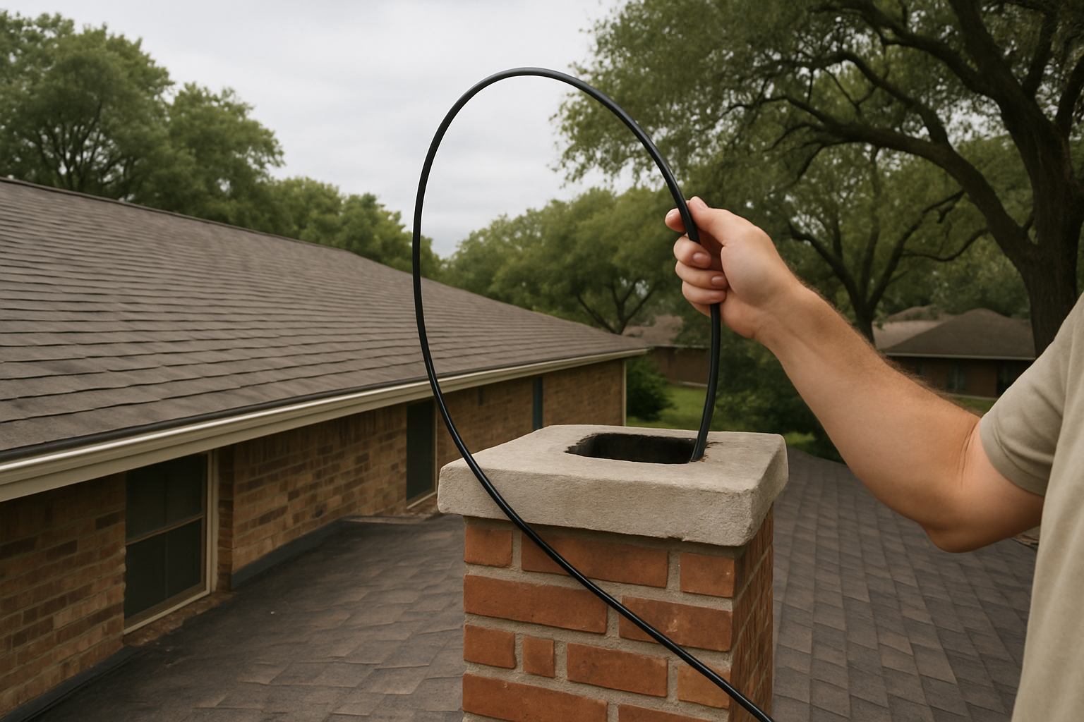 Illustrates Level 2 video flue inspection on a regionally accurate late-twentieth-century Lewisville home style, directl