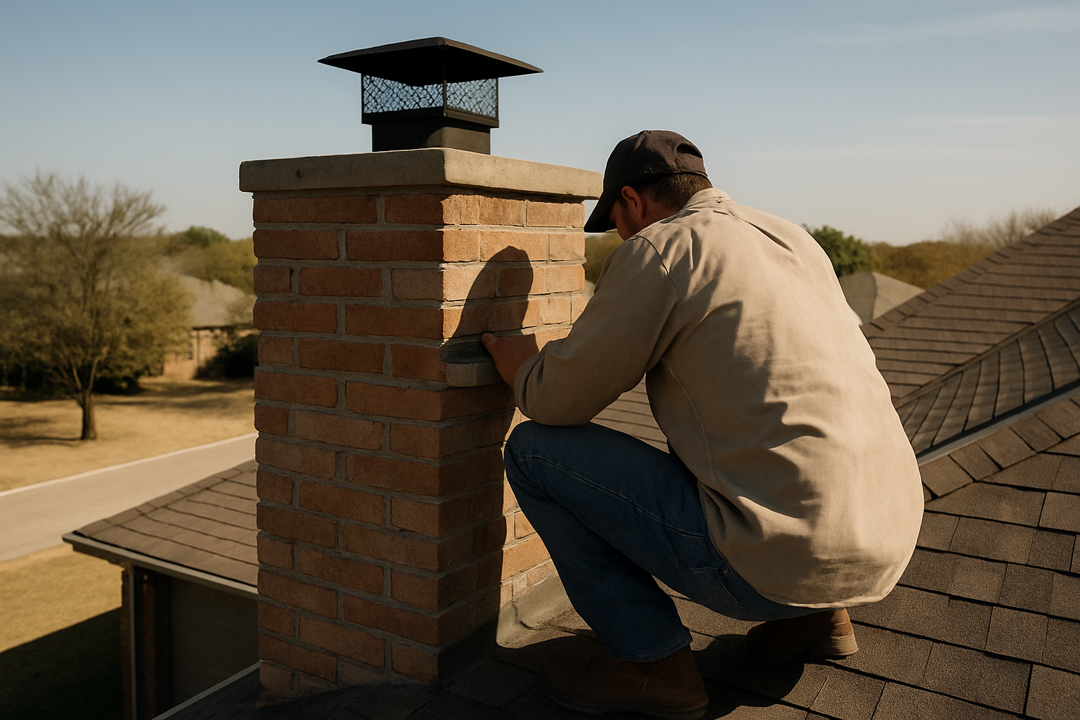 Grounds the hero section visually in Dallas rooftop chimney inspection work, reinforcing the page's core message about p