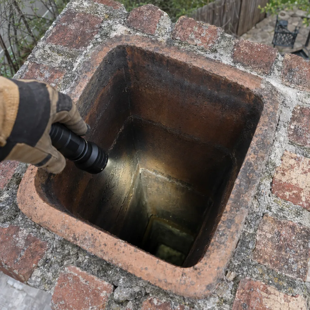 A gloved hand directs a flashlight beam down into the flue opening of an outdoor masonry fireplace, illuminating the clay tile liner inside the chimney shaft