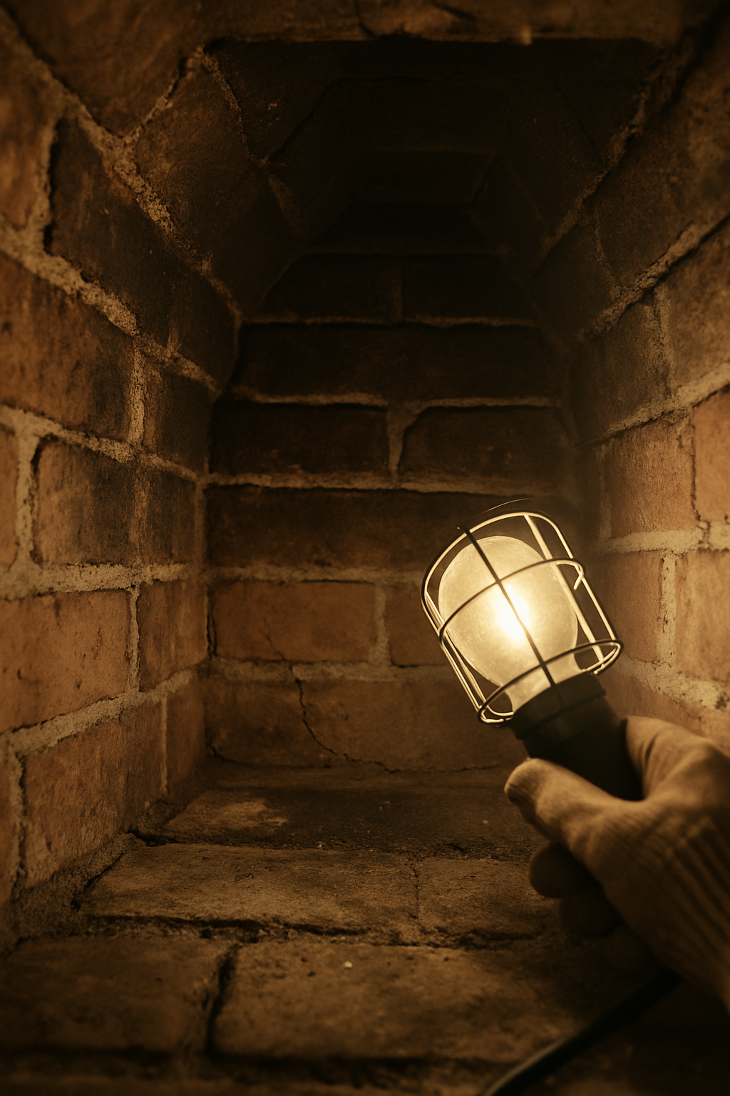 A tight, lit interior shot of a damaged smoke chamber with a gloved hand and work light captures the inspection-and-repa