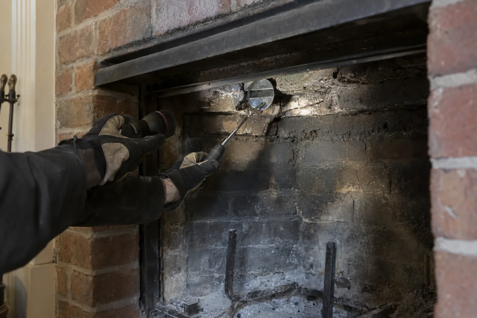Gloved hands holding a flashlight and inspection mirror inside a brick fireplace opening, light beam revealing cracked and sooty corbeled brick walls of the smoke chamber above the firebox